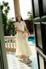 FDP33726 - Đầm dạo phố vải ren lưới dáng chữ A cổ bẻ tay cộc thân váy phối vải tơ tạo kiểu - PANTIO