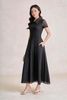 FDP33726 - Đầm dạo phố vải ren lưới dáng chữ A cổ bẻ tay cộc thân váy phối vải tơ tạo kiểu - PANTIO