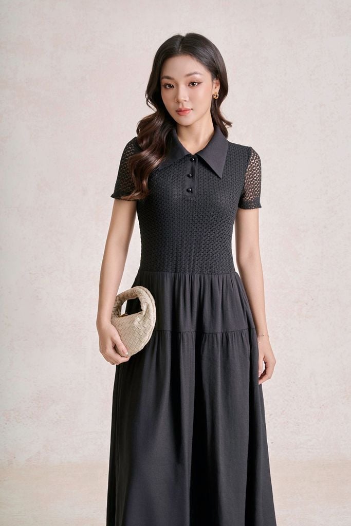 FDP33726 - Đầm dạo phố vải ren lưới dáng chữ A cổ bẻ tay cộc thân váy phối vải tơ tạo kiểu - PANTIO