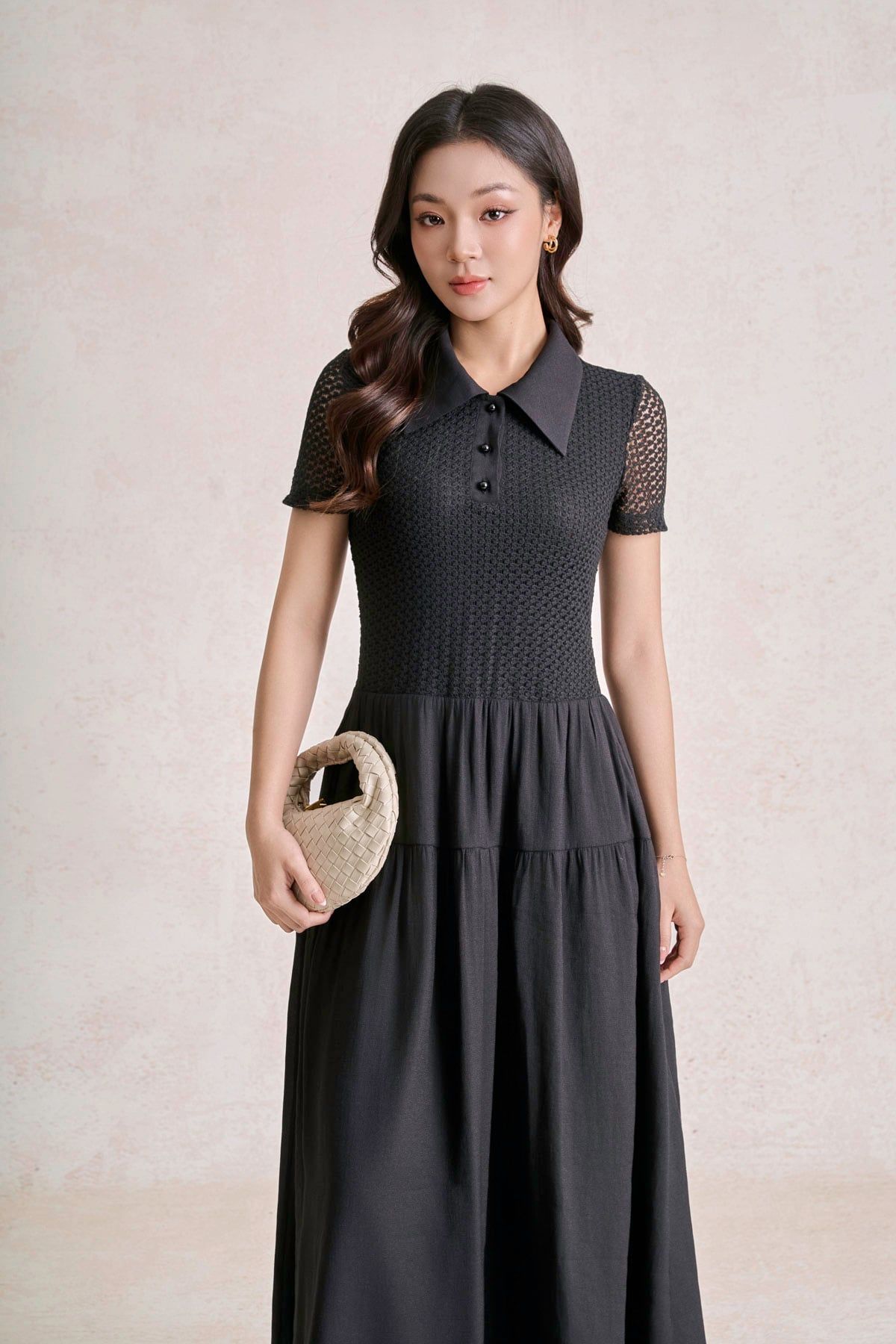 FDP33726 - Đầm dạo phố vải ren lưới dáng chữ A cổ bẻ tay cộc thân váy phối vải tơ tạo kiểu - PANTIO
