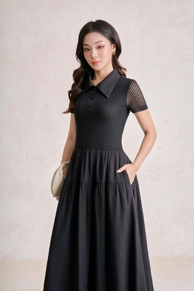 FDP33726 - Đầm dạo phố vải ren lưới dáng chữ A cổ bẻ tay cộc thân váy phối vải tơ tạo kiểu - PANTIO