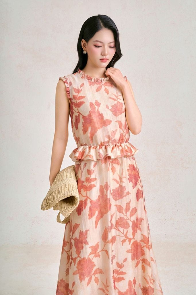FDP33728 - Đầm dạo phố vải tơ dáng chữ A cổ tròn eo váy phối viền bèo tạo kiểu - PANTIO
