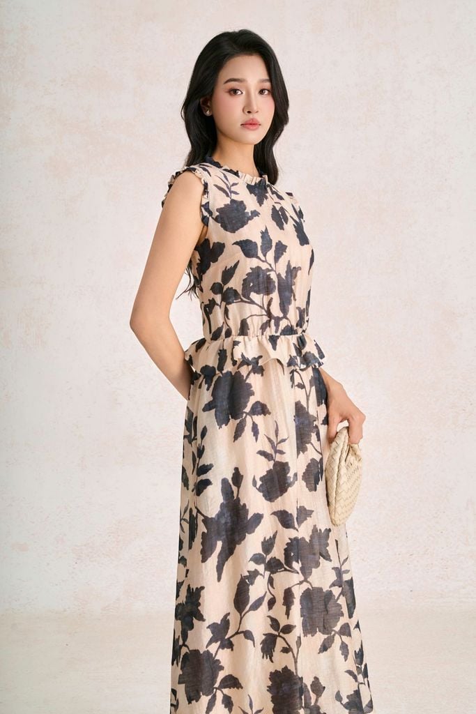 FDP33728 - Đầm dạo phố vải tơ dáng chữ A cổ tròn eo váy phối viền bèo tạo kiểu - PANTIO