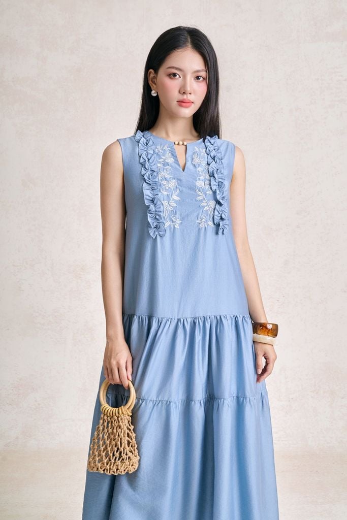 FDP33729 - tylekeo88 tv vải thô mỏng dáng suông cổ xẻ V không tay ngực thêu hoạ tiết phối viền bèo tạo kiểu thời trang - tỷ lệ kèo 8899