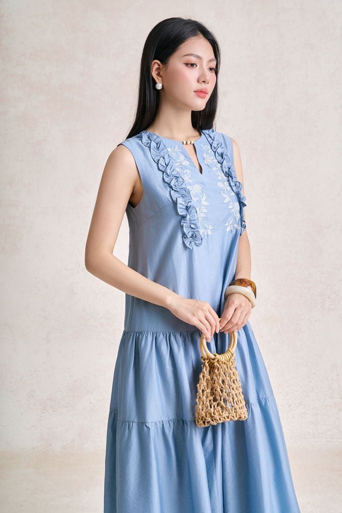 FDP33729 - tylekeo88 tv vải thô mỏng dáng suông cổ xẻ V không tay ngực thêu hoạ tiết phối viền bèo tạo kiểu thời trang - tỷ lệ kèo 8899