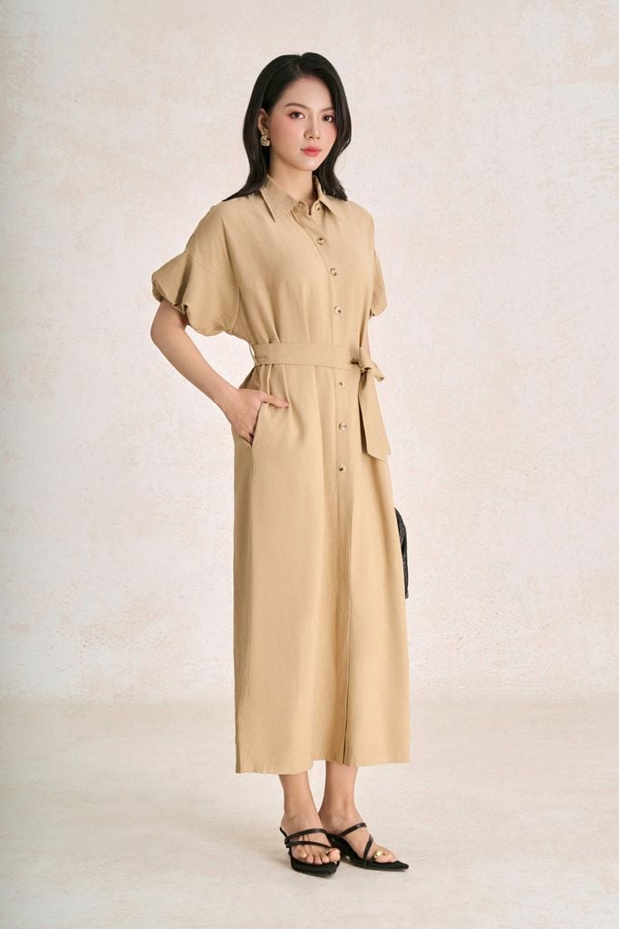 FDC33731 - Đầm dạo phố vải thô đũi dáng suông cổ bẻ tay phồng eo phối dây đai tạo kiểu - PANTIO