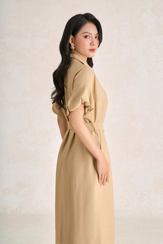 FDC33731 - Đầm dạo phố vải thô đũi dáng suông cổ bẻ tay phồng eo phối dây đai tạo kiểu - PANTIO