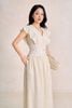 FDP33736 - Đầm dạo phố vải tơ hoa dáng chữ A cổ xẻ V tay cánh tiên eo váy đáp cạp bản to phối dây tạo kiểu khoá thân sau - PANTIO