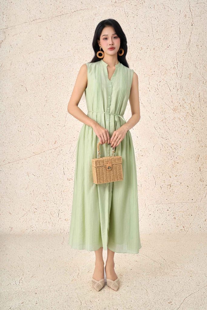 FDP33741 - Đầm dạo phố vải thô lụa dáng xoè cổ xẻ V không tay chiết eo tạo kiểu - PANTIO