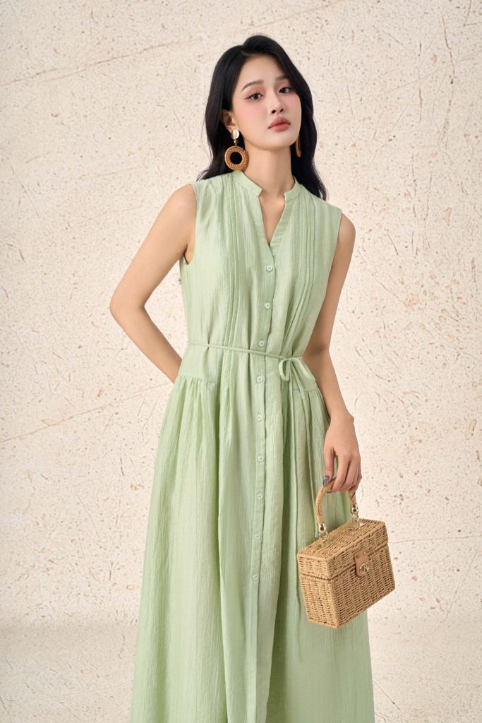 FDP33741 - Đầm dạo phố vải thô lụa dáng xoè cổ xẻ V không tay chiết eo tạo kiểu - PANTIO