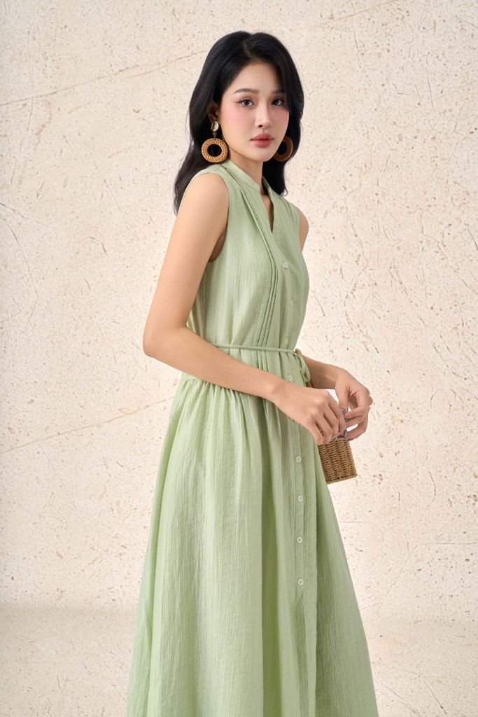 FDP33741 - Đầm dạo phố vải thô lụa dáng xoè cổ xẻ V không tay chiết eo tạo kiểu - PANTIO