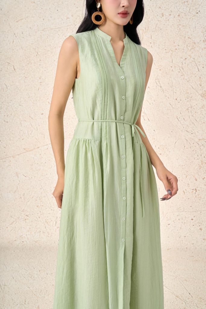 FDP33741 - Đầm dạo phố vải thô lụa dáng xoè cổ xẻ V không tay chiết eo tạo kiểu - PANTIO