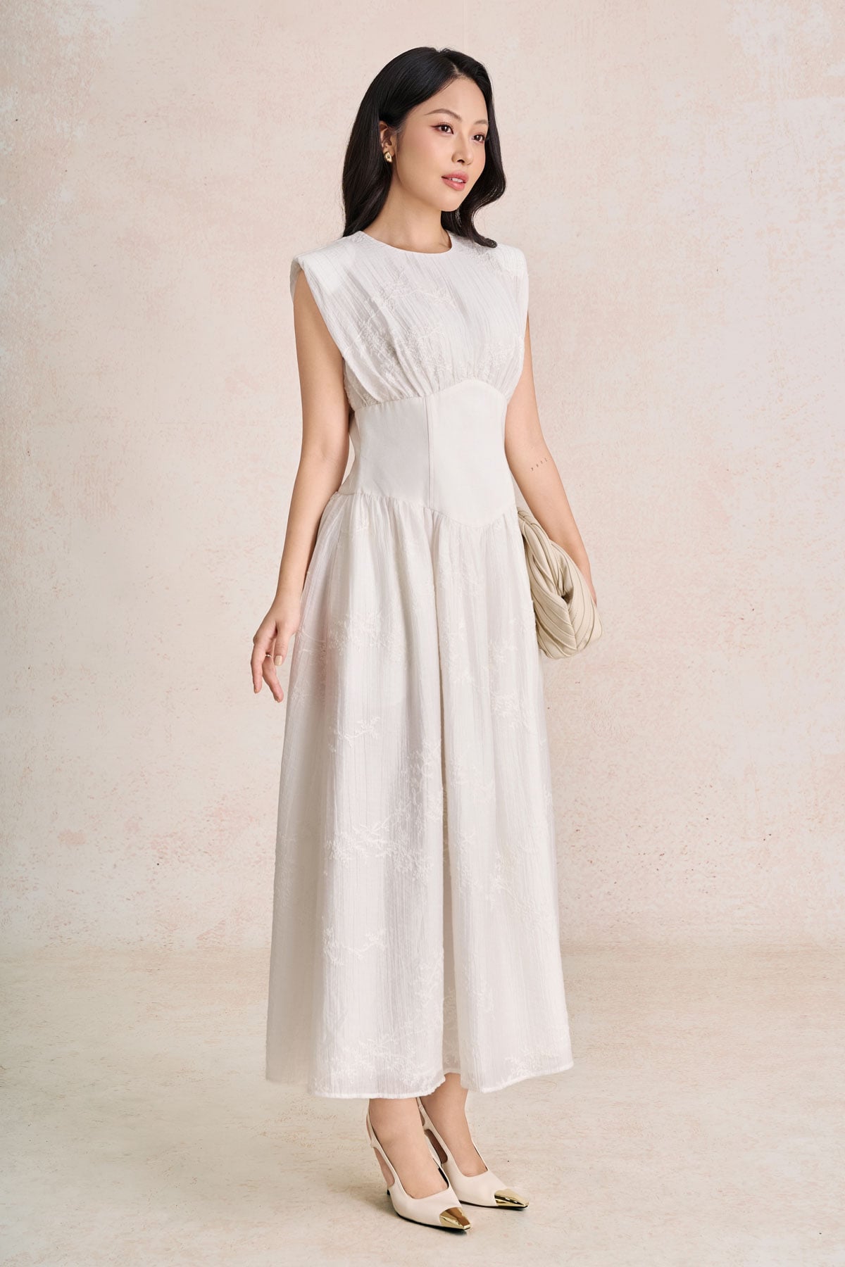 FDP33746 - Đầm dạo phố vải thô đũi dáng chữ A cổ tròn tay chờm eo đáp cạp bản to thời trang khoá thân sau - PANTIO