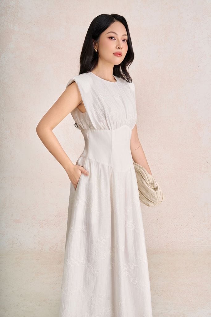 FDP33747 - Đầm dạo phố vải tơ ép dáng chữ A cổ tròn tay chờm thân váy phối ly nhún tạo xoè khoá thân sau - PANTIO