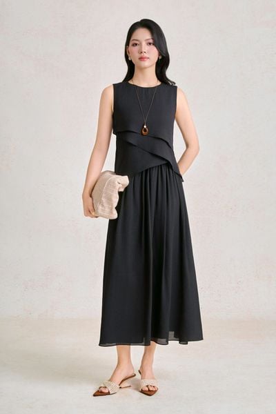 FDP33749 - Đầm dạo phố vải tơ dáng suông cổ tròn thân váng phối viền bèo cách điệu - PANTIO
