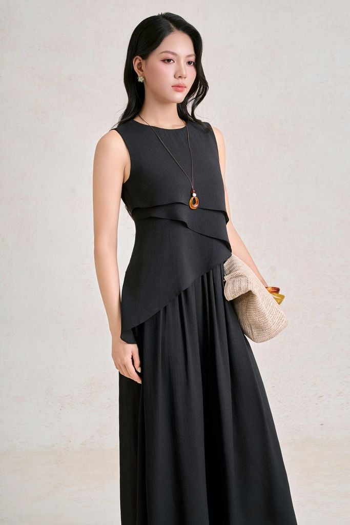 FDP33749 - Đầm dạo phố vải tơ dáng suông cổ tròn thân váng phối viền bèo cách điệu - PANTIO
