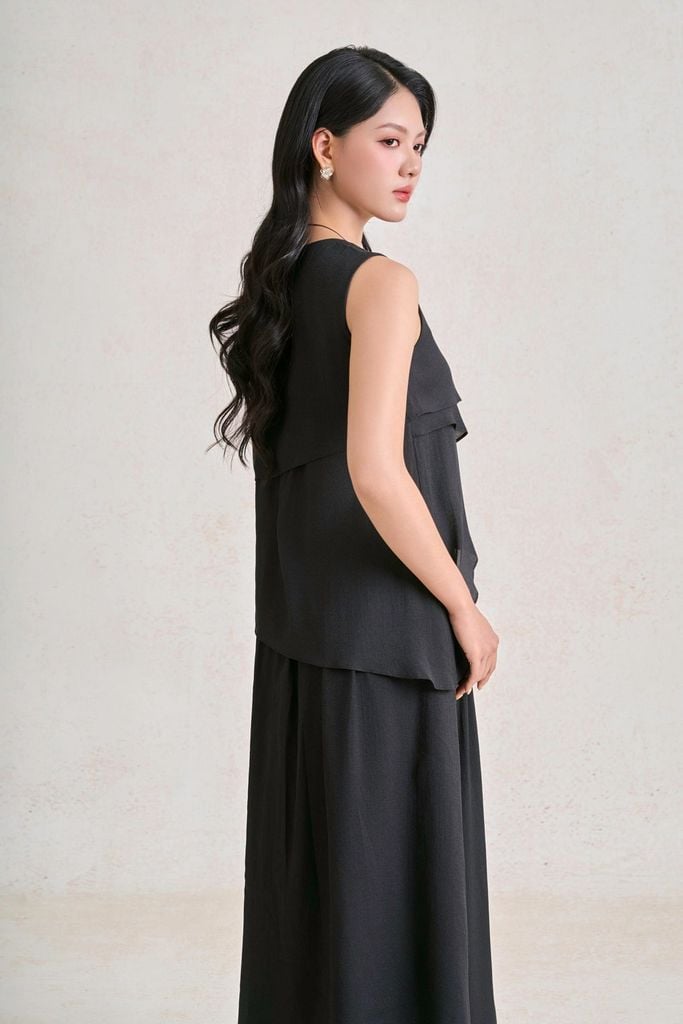 FDP33749 - Đầm dạo phố vải tơ dáng suông cổ tròn thân váng phối viền bèo cách điệu - PANTIO