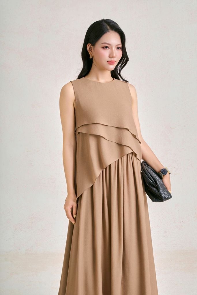 FDP33749 - Đầm dạo phố vải tơ dáng suông cổ tròn thân váng phối viền bèo cách điệu - PANTIO