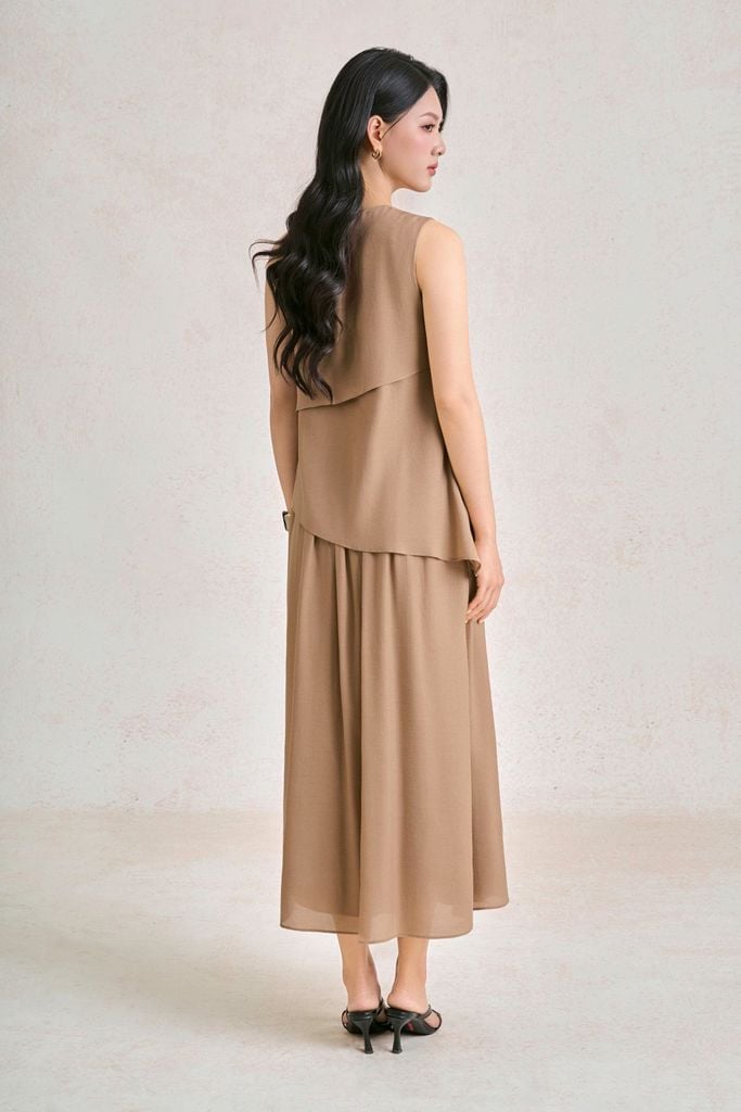 FDP33749 - Đầm dạo phố vải tơ dáng suông cổ tròn thân váng phối viền bèo cách điệu - PANTIO