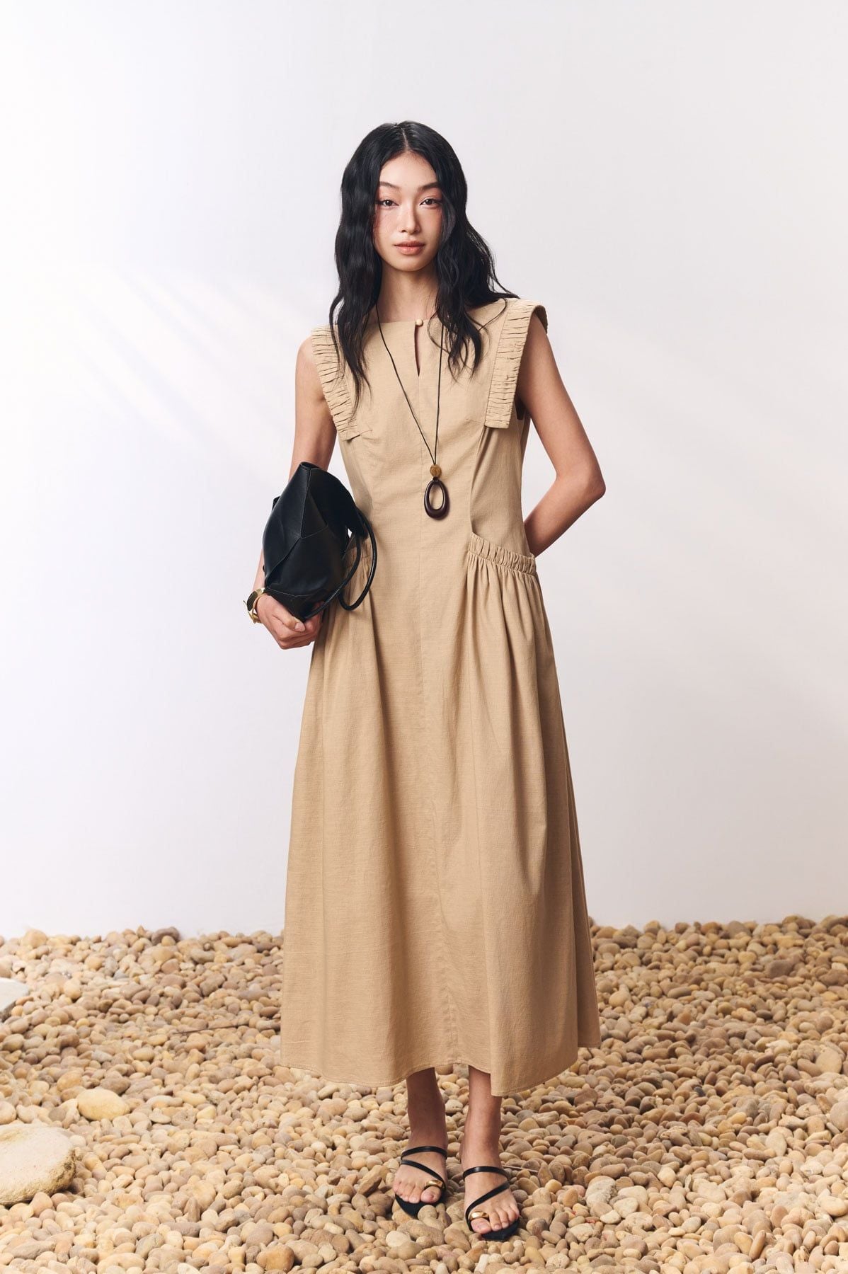 FDP33751 -Đầm dạo phố vải linen dáng suông cổ tròn tay chờm phối vạt tạo kiểu thân váy có túi thời trang khoá thân sau - PANTIO