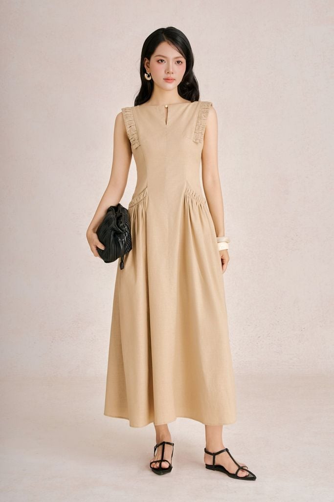 FDP33751 -Đầm dạo phố vải linen dáng suông cổ tròn tay chờm phối vạt tạo kiểu thân váy có túi thời trang khoá thân sau - PANTIO