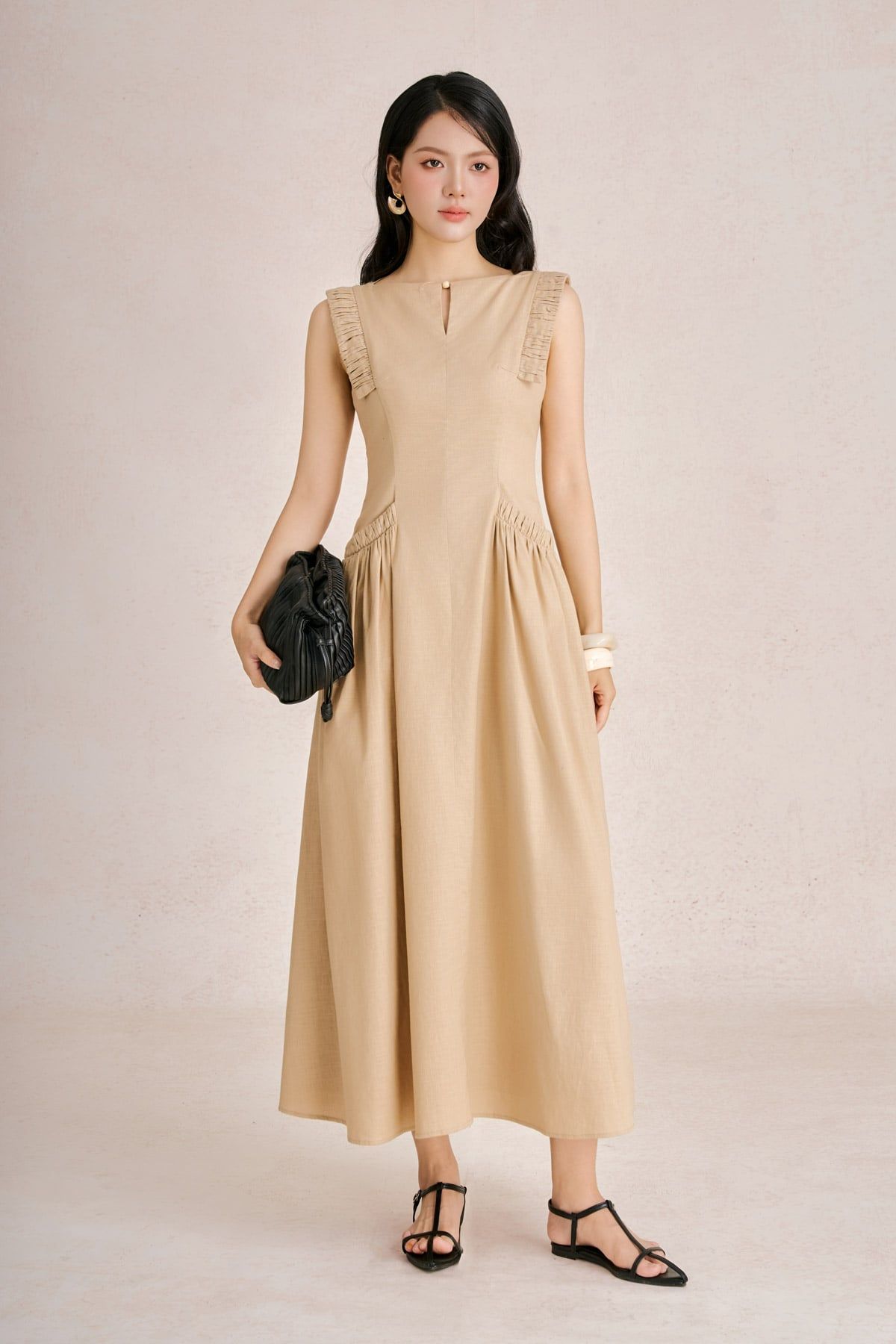 FDP33751 -Đầm dạo phố vải linen dáng suông cổ tròn tay chờm phối vạt tạo kiểu thân váy có túi thời trang khoá thân sau - PANTIO