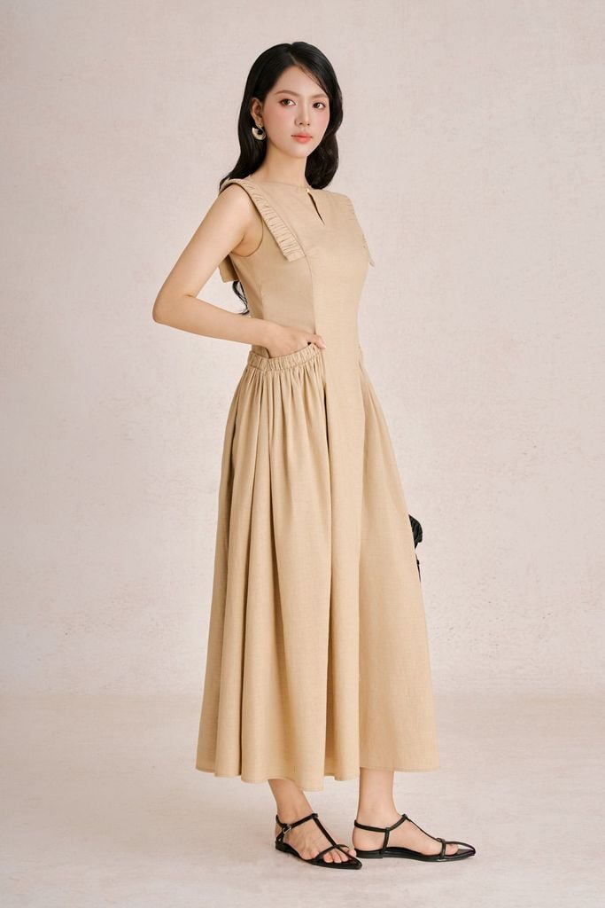 FDP33751 -Đầm dạo phố vải linen dáng suông cổ tròn tay chờm phối vạt tạo kiểu thân váy có túi thời trang khoá thân sau - PANTIO