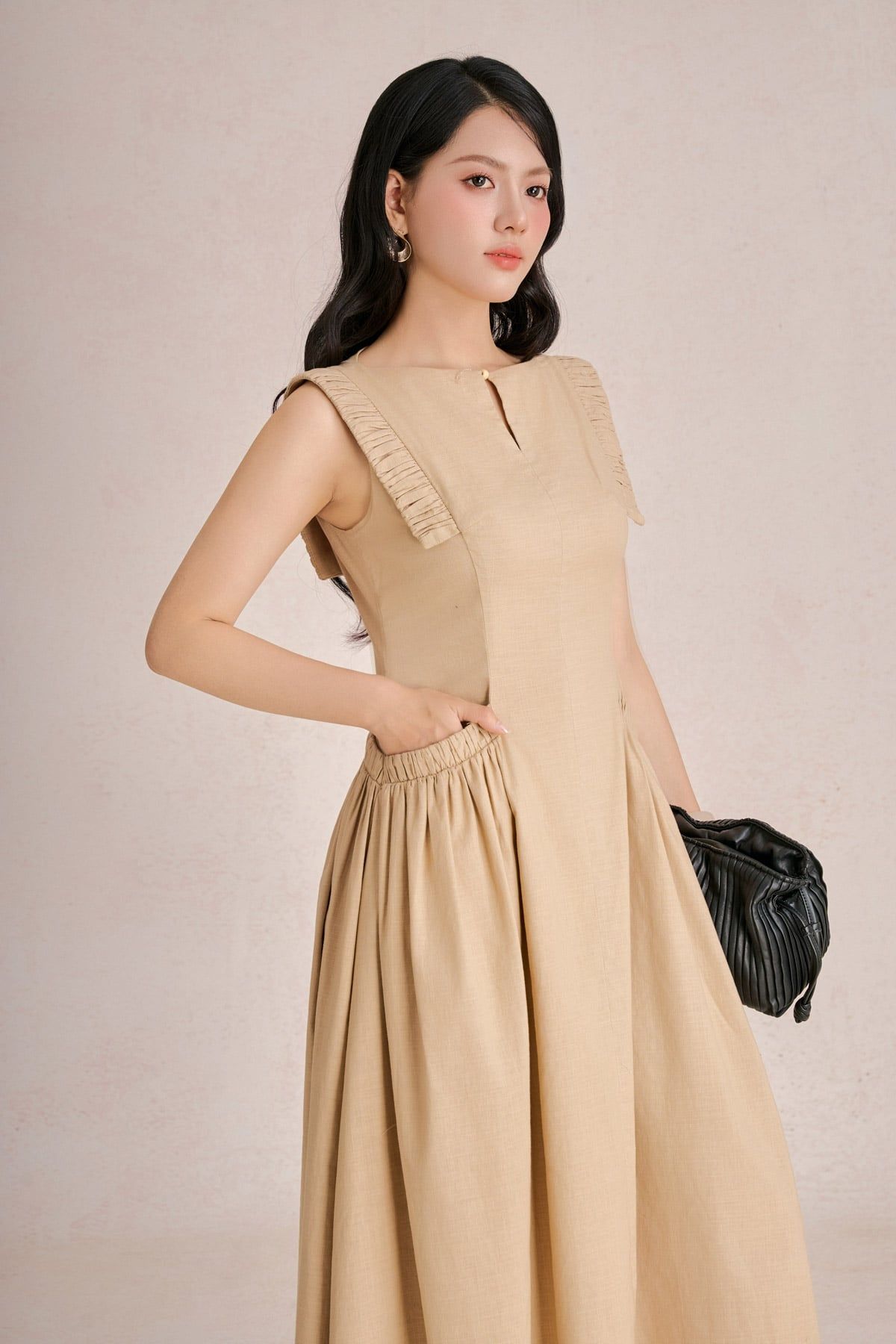 FDP33751 -Đầm dạo phố vải linen dáng suông cổ tròn tay chờm phối vạt tạo kiểu thân váy có túi thời trang khoá thân sau - PANTIO