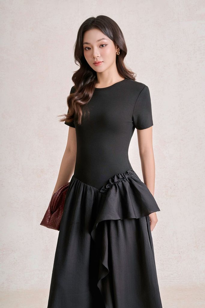 FDP33757 - Đầm dạo phố vải tơ nhăn dáng chữ A cổ tròn tay cộc eo phối vạt tạo kiểu - PANTIO