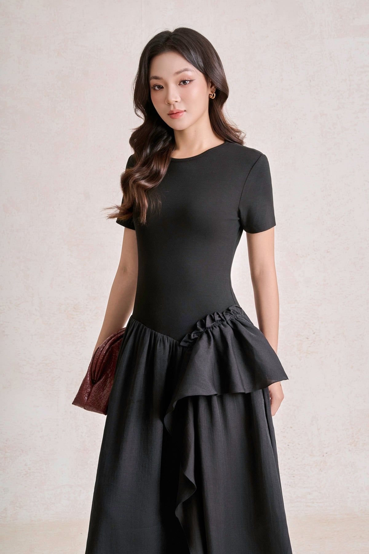FDP33757 - Đầm dạo phố vải tơ nhăn dáng chữ A cổ tròn tay cộc eo phối vạt tạo kiểu - PANTIO