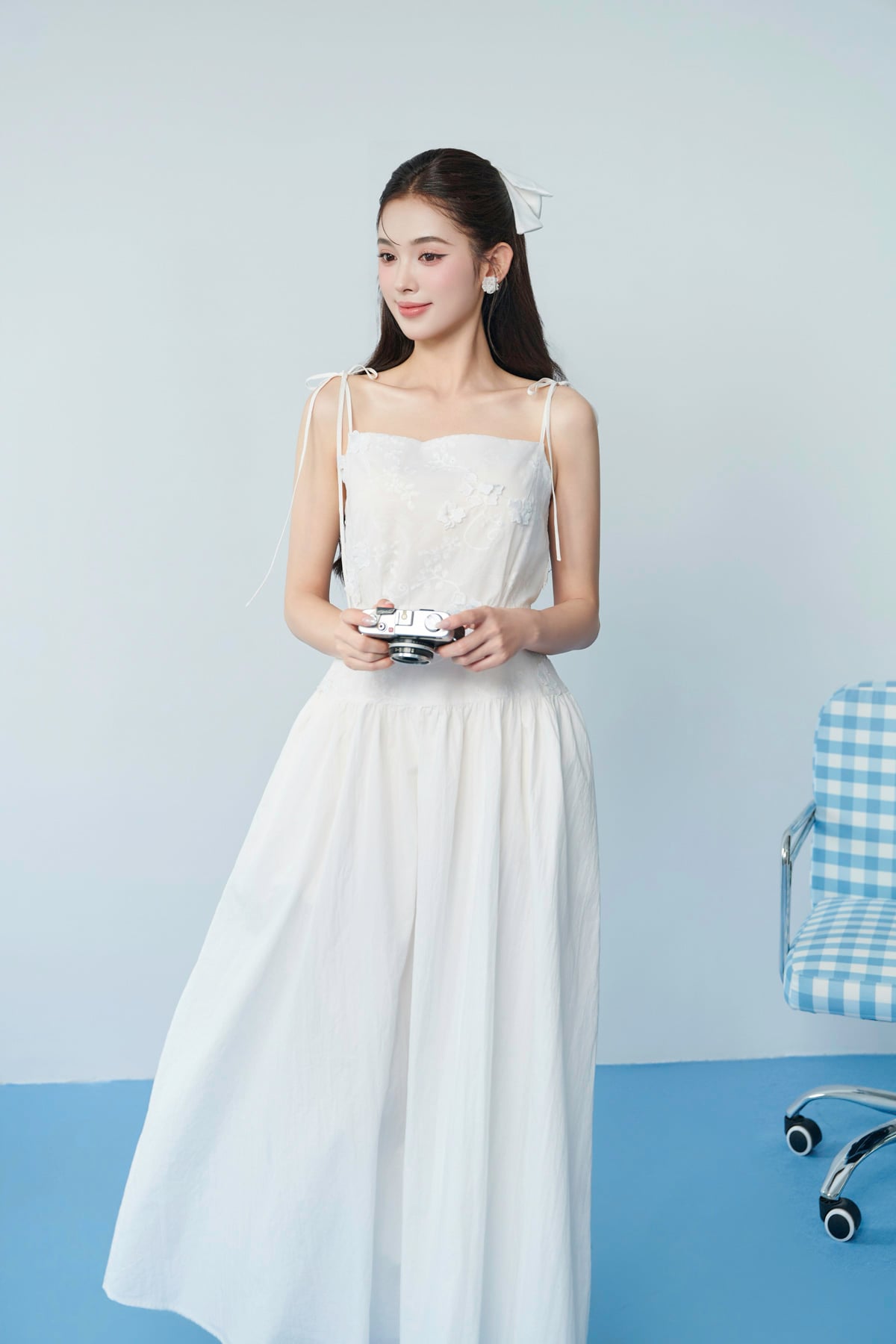 FDP33759 - tylekeo88 tv hai dây vải thô dáng chữ A thân váy đính hoa 3D tạo kiểu khoá thân sau - JAN.