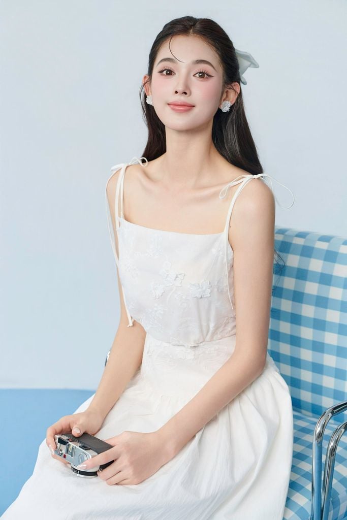 FDP33759 - tylekeo88 tv hai dây vải thô dáng chữ A thân váy đính hoa 3D tạo kiểu khoá thân sau - JAN.