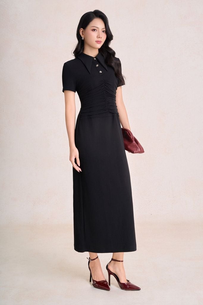 FDP33771 - Đầm dạo phố vải len dáng chữ A cổ bẻ phối khuy đá thân váy xếp nhún tạo kiểu khoá thân sau - PANTIO