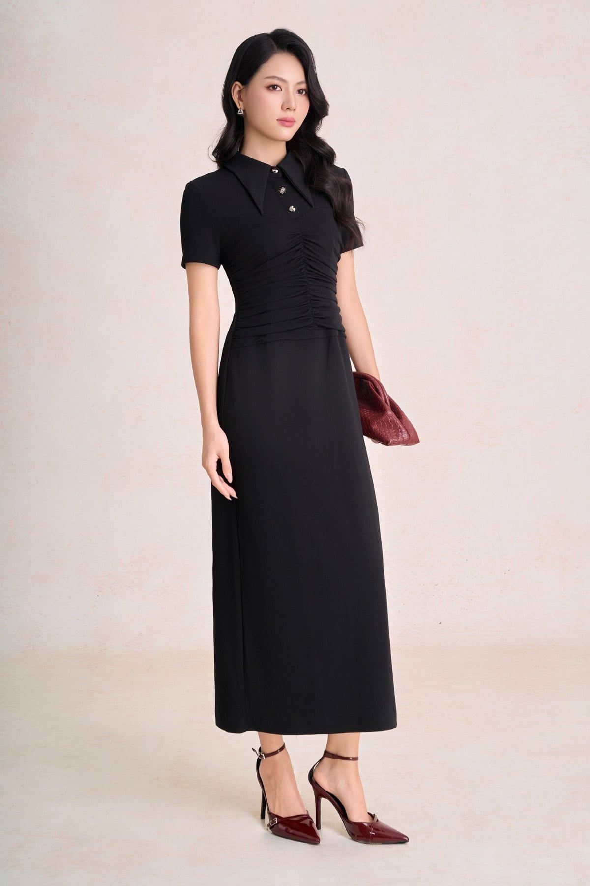 FDP33771 - Đầm dạo phố vải len dáng chữ A cổ bẻ phối khuy đá thân váy xếp nhún tạo kiểu khoá thân sau - PANTIO