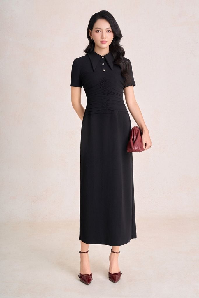 FDP33771 - Đầm dạo phố vải len dáng chữ A cổ bẻ phối khuy đá thân váy xếp nhún tạo kiểu khoá thân sau - PANTIO