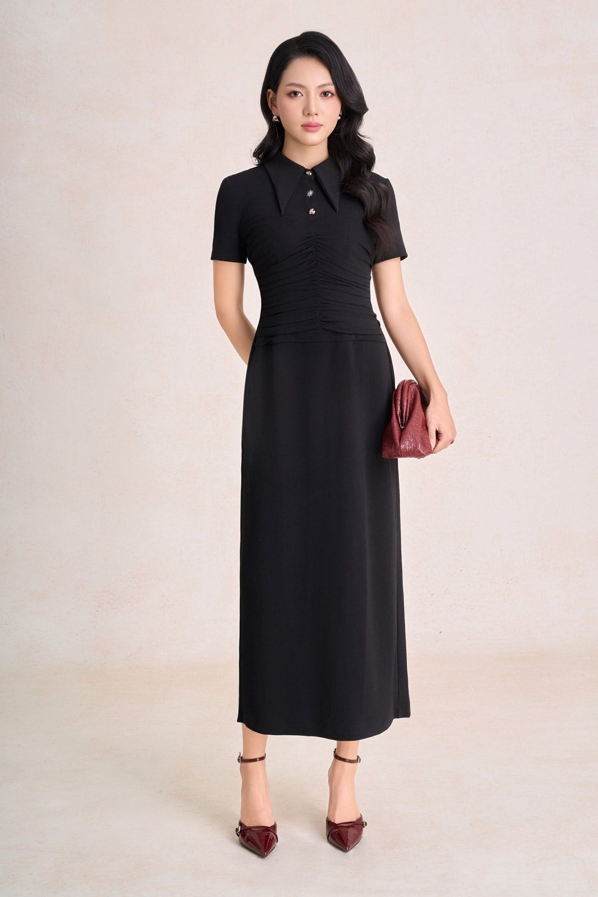 FDP33771 - Đầm dạo phố vải len dáng chữ A cổ bẻ phối khuy đá thân váy xếp nhún tạo kiểu khoá thân sau - PANTIO