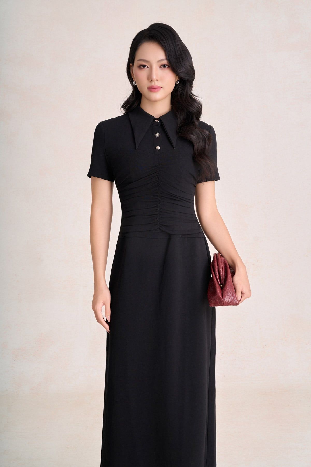 FDP33771 - Đầm dạo phố vải len dáng chữ A cổ bẻ phối khuy đá thân váy xếp nhún tạo kiểu khoá thân sau - PANTIO