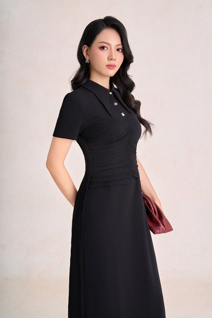 FDP33771 - Đầm dạo phố vải len dáng chữ A cổ bẻ phối khuy đá thân váy xếp nhún tạo kiểu khoá thân sau - PANTIO