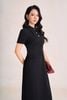 FDP33771 - Đầm dạo phố vải len dáng chữ A cổ bẻ phối khuy đá thân váy xếp nhún tạo kiểu khoá thân sau - PANTIO