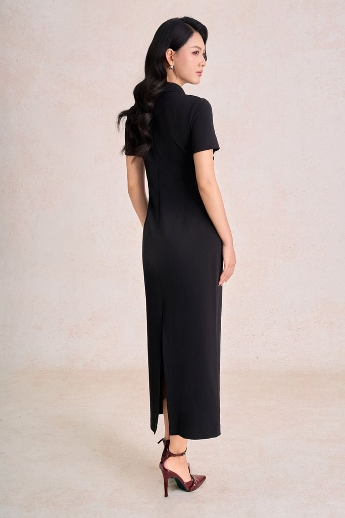 FDP33771 - Đầm dạo phố vải len dáng chữ A cổ bẻ phối khuy đá thân váy xếp nhún tạo kiểu khoá thân sau - PANTIO