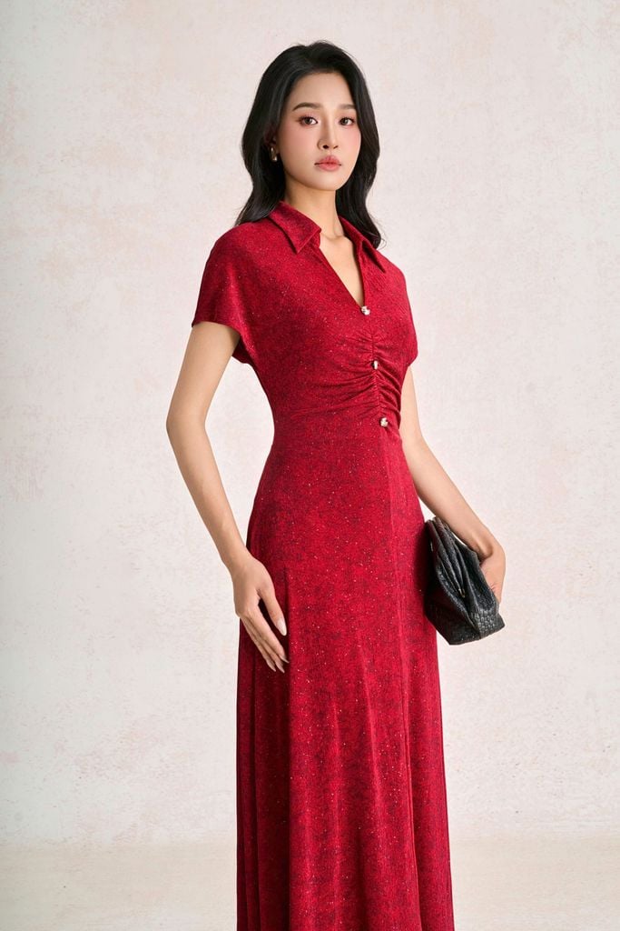 FDP33775 - Đầm dạo phố vải len dáng ôm cổ bẻ xẻ V tay cộc thân váy phối khuy tạo kiểu - PANTIO