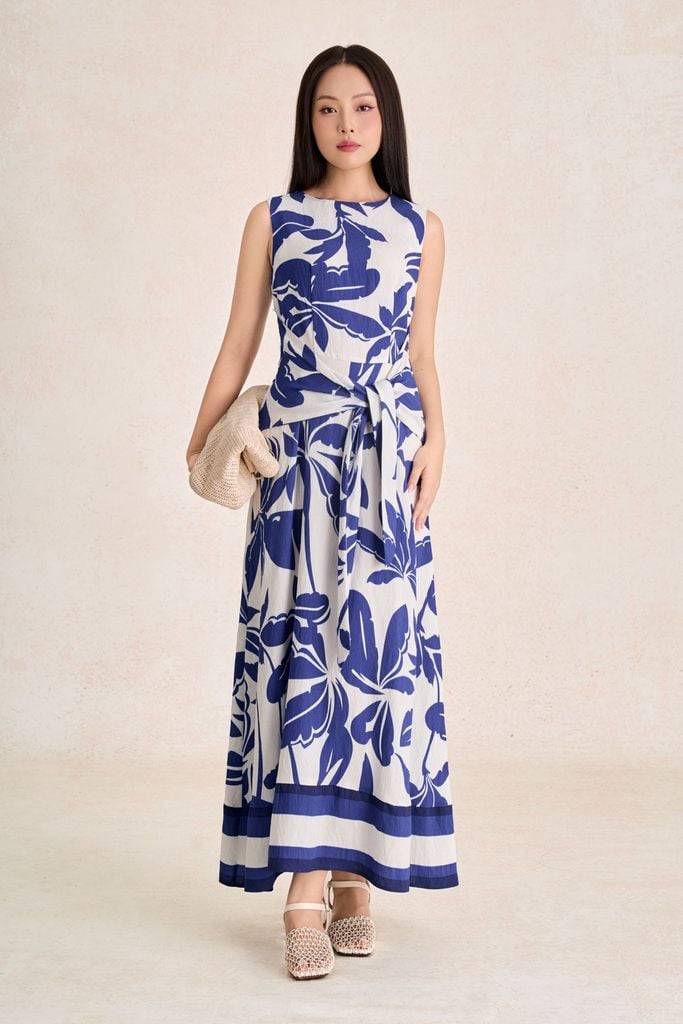 FDP33776 - Đầm dạo phố vải thô đũi dáng suông cổ tròn eo váy phối vạt thắt tạo kiểu - PANTIO