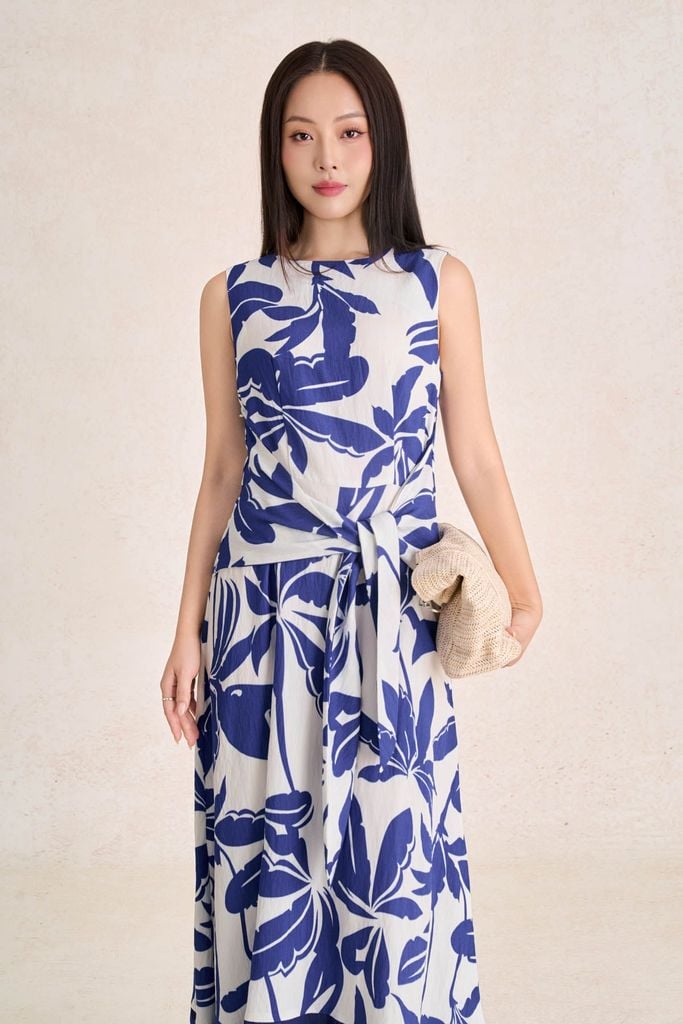 FDP33776 - Đầm dạo phố vải thô đũi dáng suông cổ tròn eo váy phối vạt thắt tạo kiểu - PANTIO