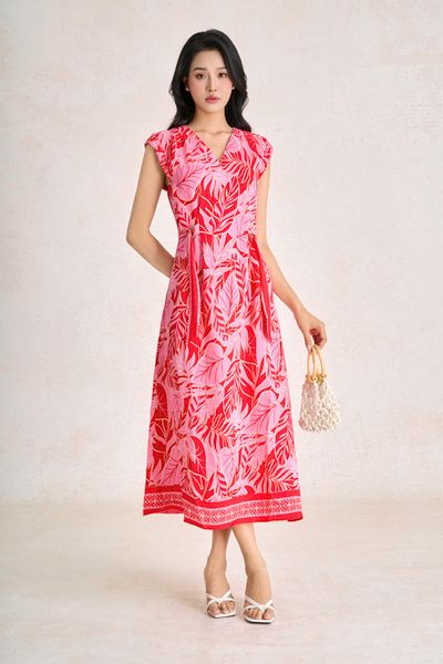 FDP33778 - Đầm dạo phố vải thô đũi dáng suông cổ xẻ V tay chờm eo váy phối vạt rút tạo kiểu - PANTIO