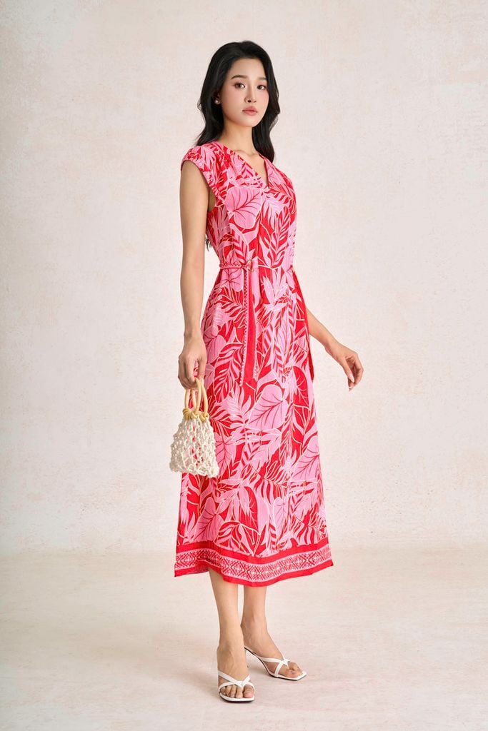 FDP33778 - Đầm dạo phố vải thô đũi dáng suông cổ xẻ V tay chờm eo váy phối vạt rút tạo kiểu - PANTIO