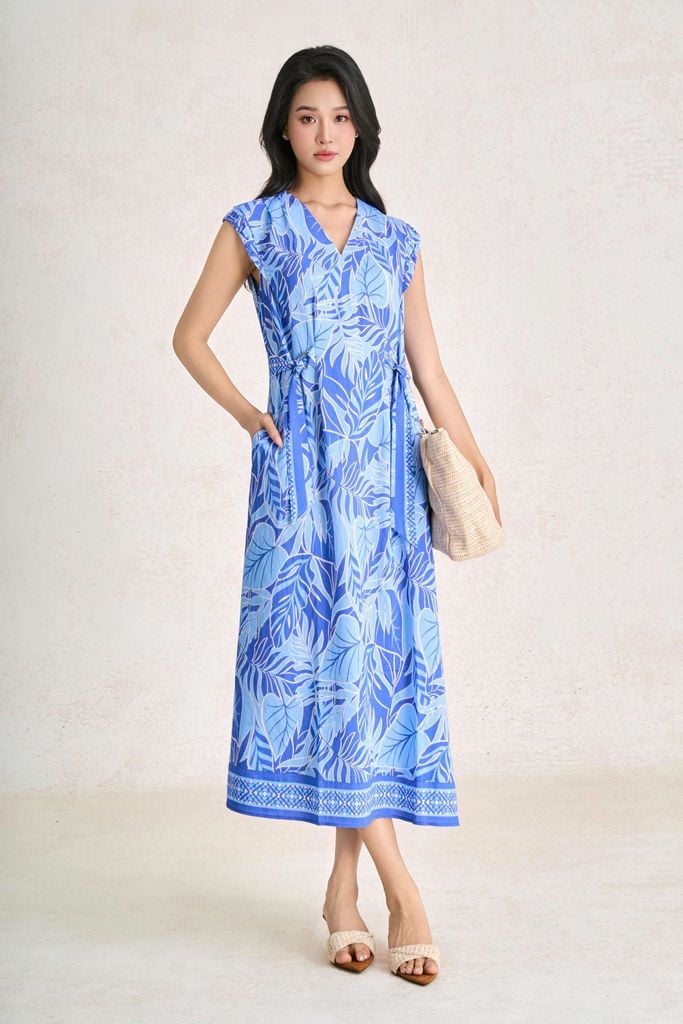 FDP33778 - Đầm dạo phố vải thô đũi dáng suông cổ xẻ V tay chờm eo váy phối vạt rút tạo kiểu - PANTIO