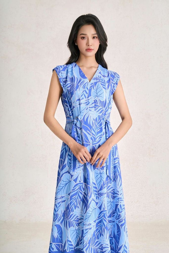 FDP33778 - Đầm dạo phố vải thô đũi dáng suông cổ xẻ V tay chờm eo váy phối vạt rút tạo kiểu - PANTIO