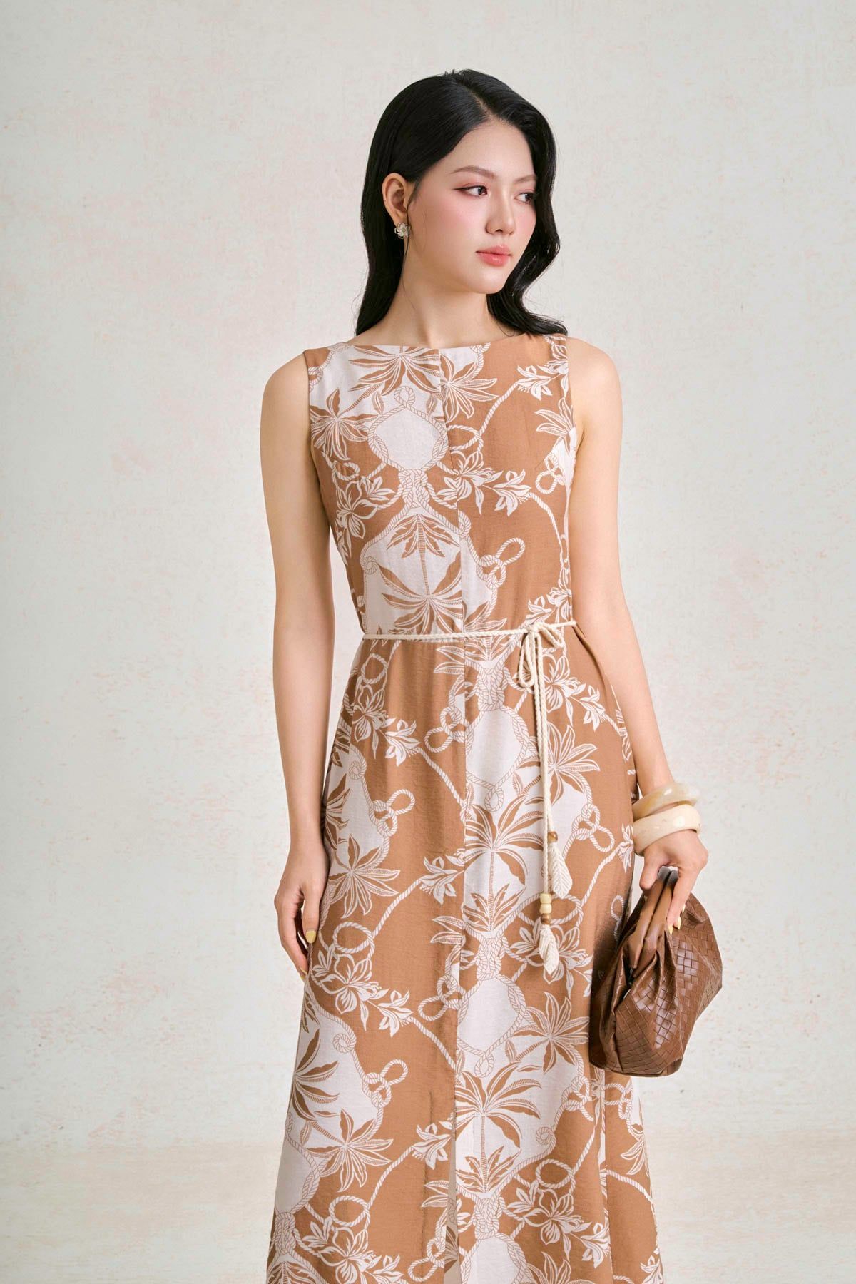 FDP33779 - Đầm dạo phố vải thô đũi dáng chữ A cổ tròn hoạ tiết thời trang - PANTIO