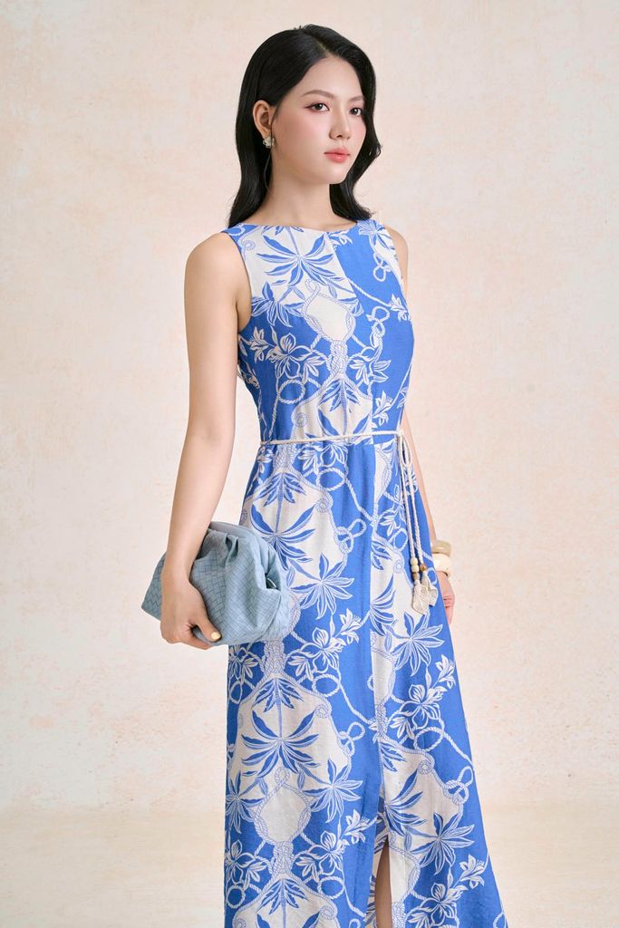 FDP33779 - Đầm dạo phố vải thô đũi dáng chữ A cổ tròn hoạ tiết thời trang - PANTIO