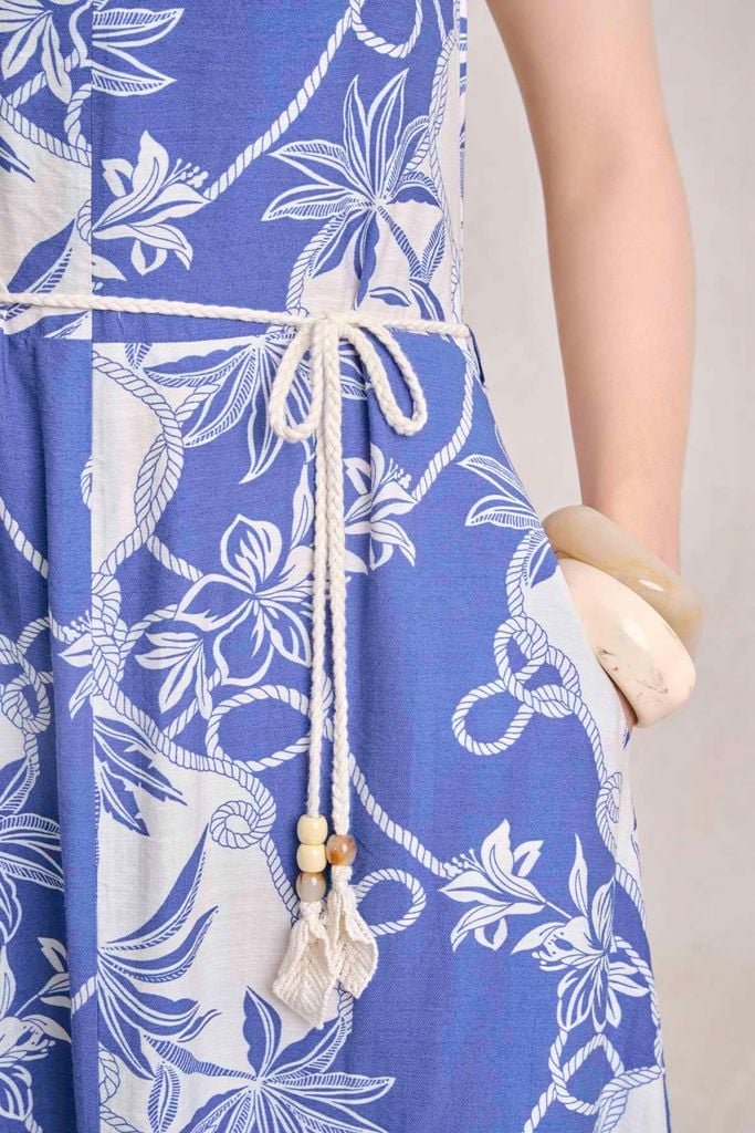 FDP33779 - Đầm dạo phố vải thô đũi dáng chữ A cổ tròn hoạ tiết thời trang - PANTIO